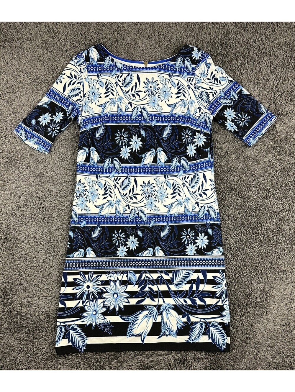 Eliza J Womens Dress 8 Blue White Black Floral Print Sheath Midi Cocktail Party